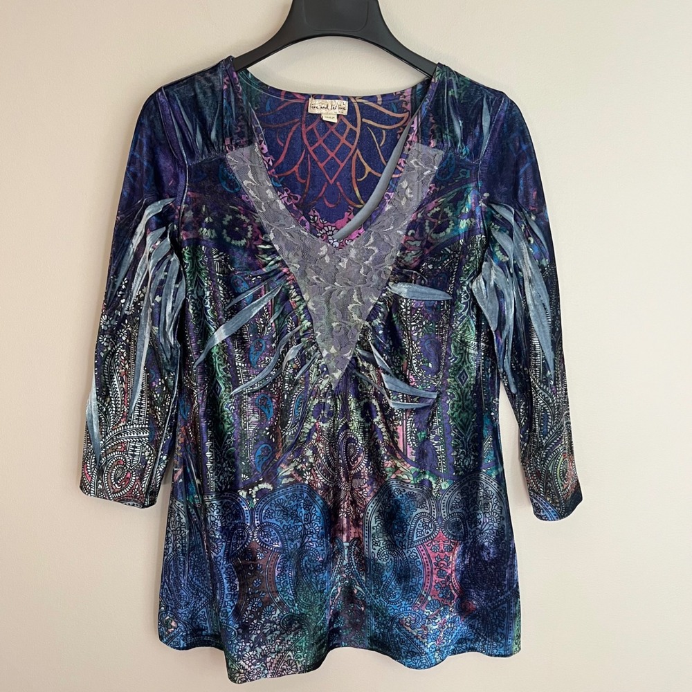 Live Let Live Paisley Velvet Lace V-Neck 3/4 Sleeve L Boho Fairy Artsy Hippie